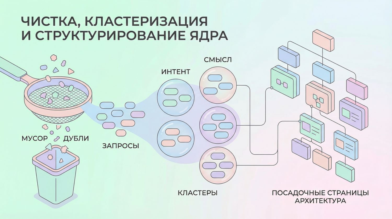 Чистка, кластеризация и структурирование ядра